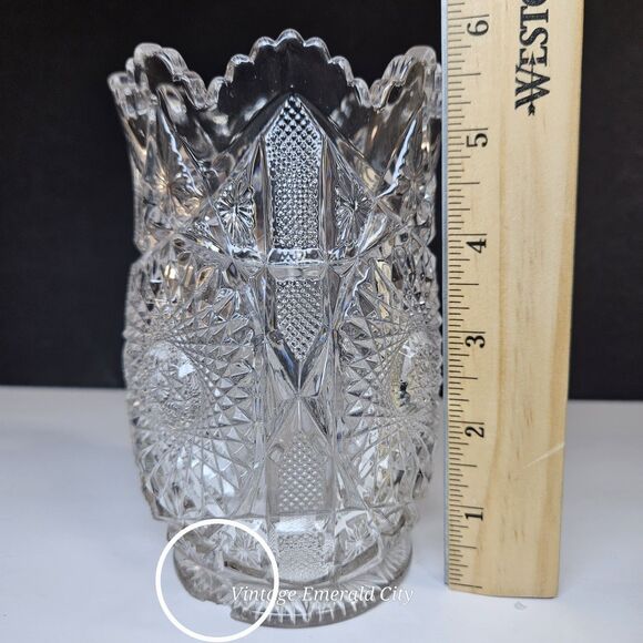 Vtg Brunswick Brilliant Cut Clear Floral Glass Vase Hobstar Sawtooth Rim/ READ - Picture 5 of 12